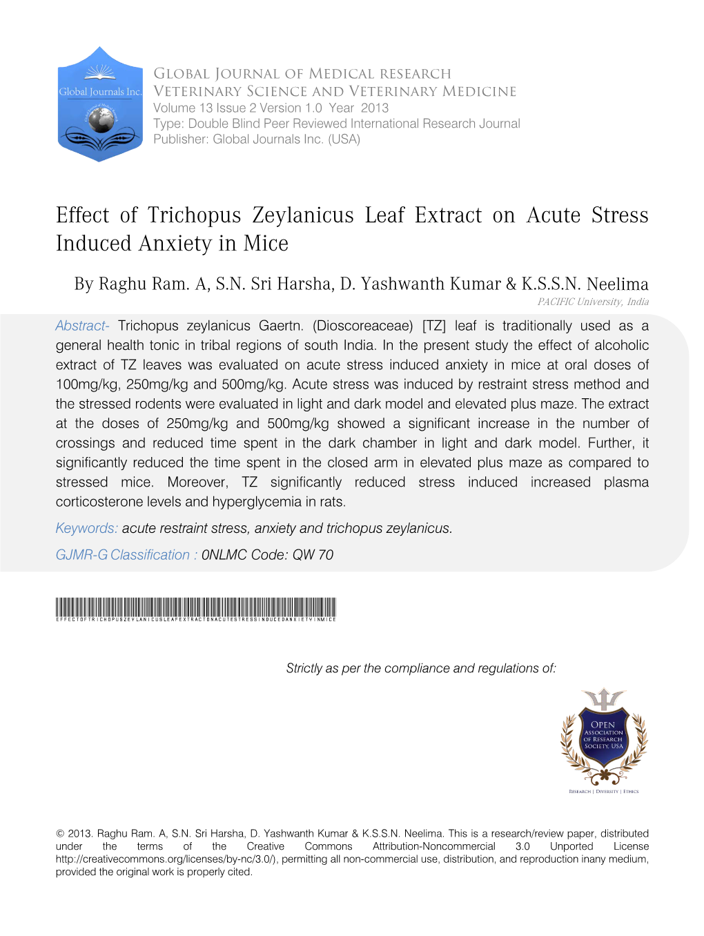 Effect of Trichopus Zeylanicus Leaf Extract on Acute Stress Induced Anxiety in Mice