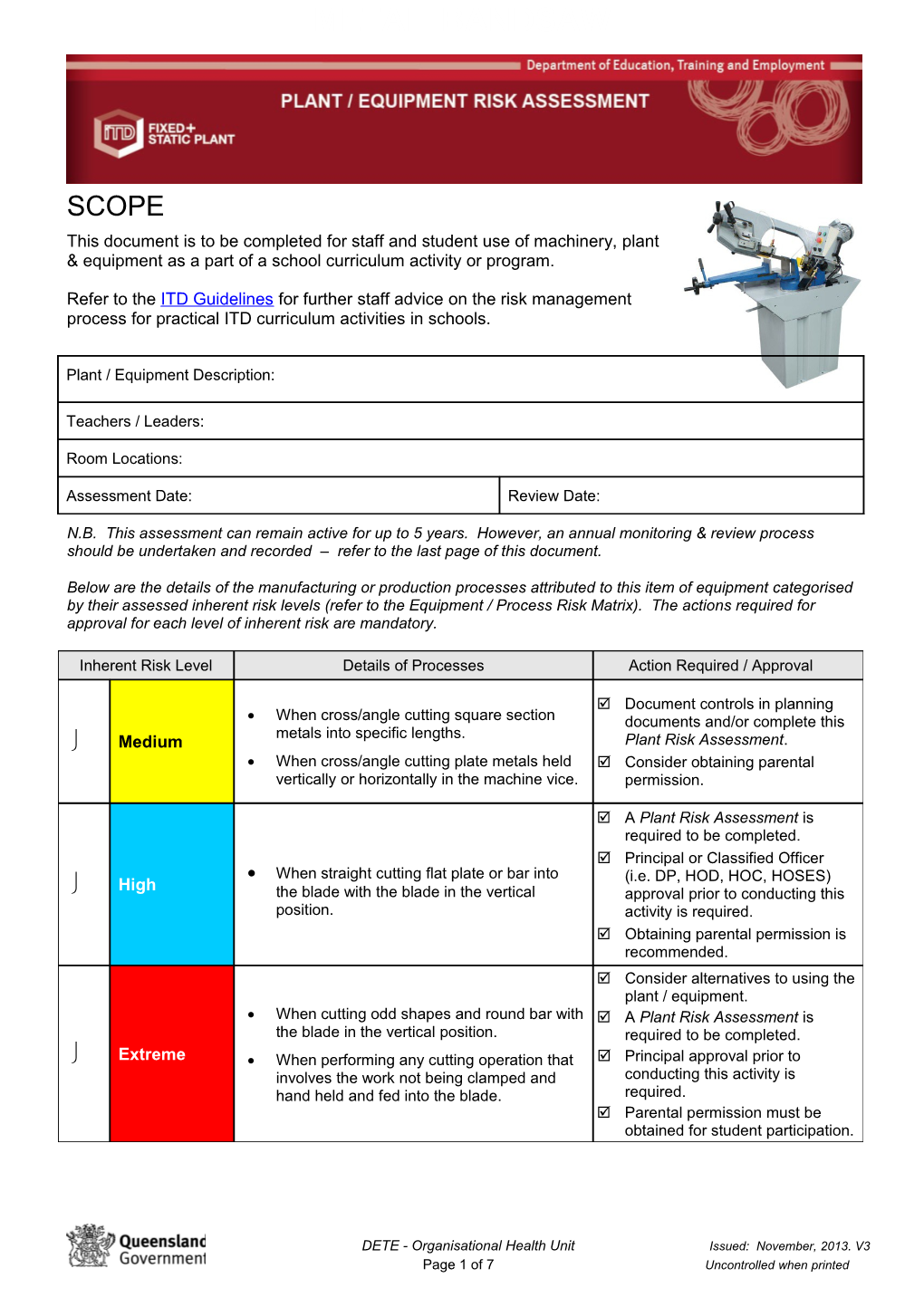 DETE - Plant & Equipment Risk Assessment