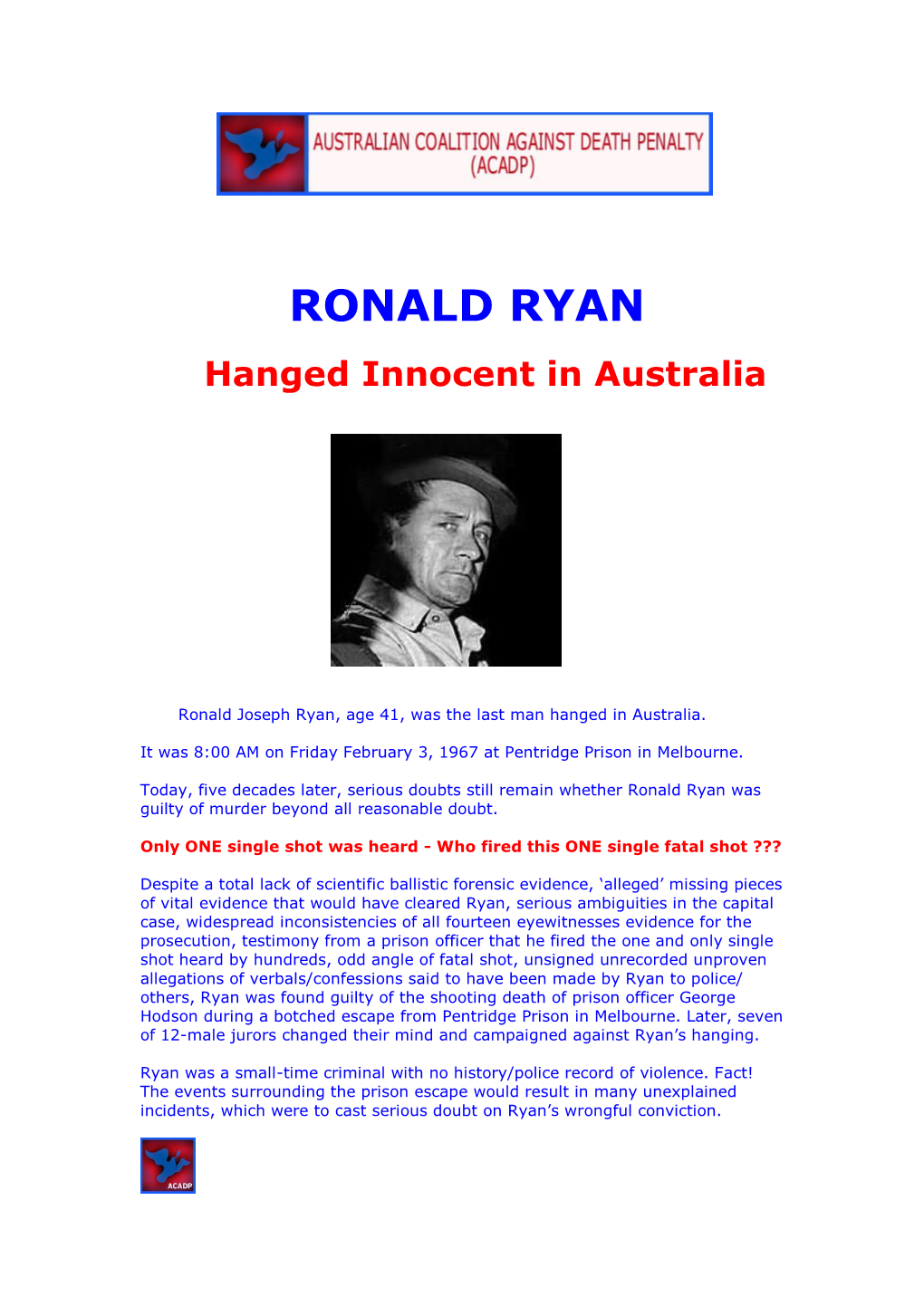 RONALD RYAN Hanged Innocent in Australia