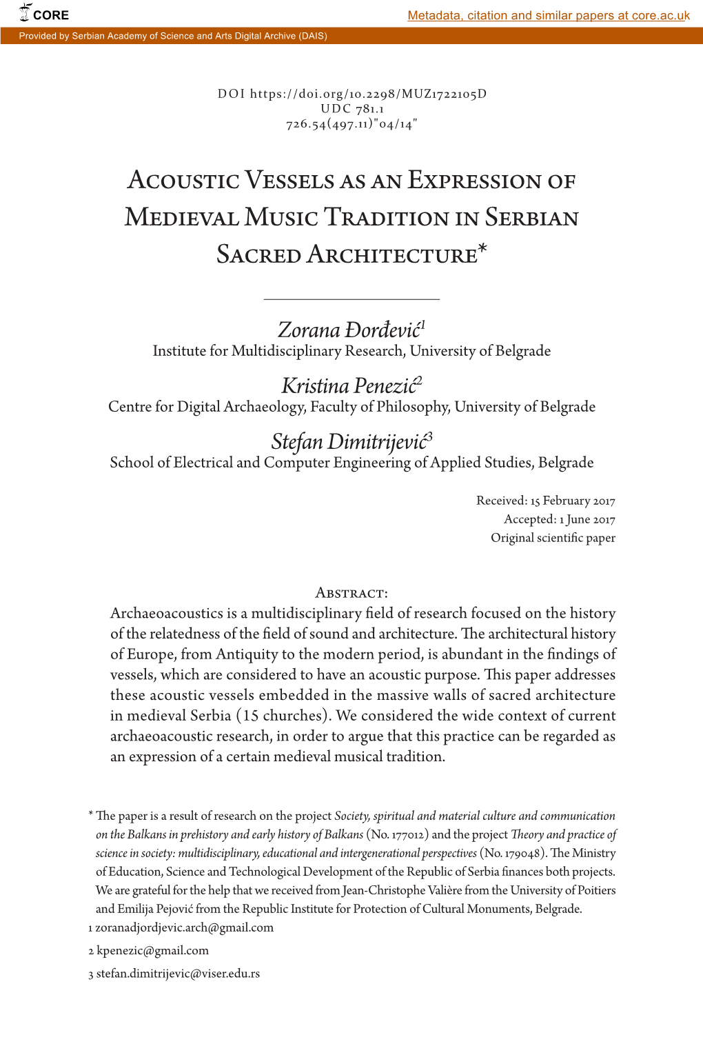 Acoustic Vessels As an Expression of Medieval Music Tradition in Serbian Sacred Architecture*