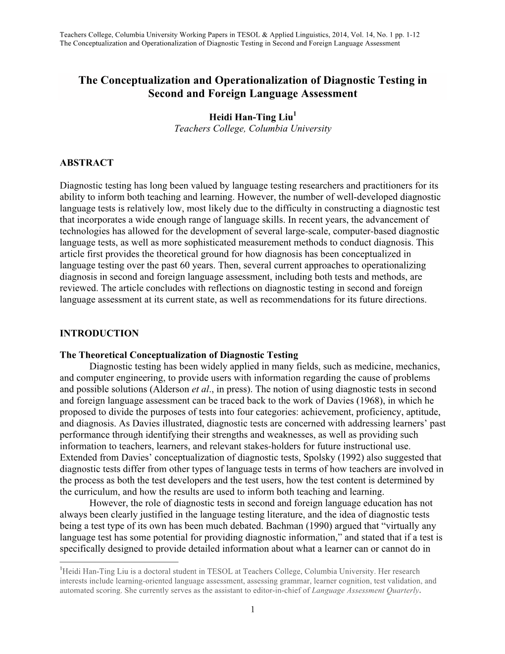 The Conceptualization and Operationalization of Diagnostic Testing in Second and Foreign Language Assessment