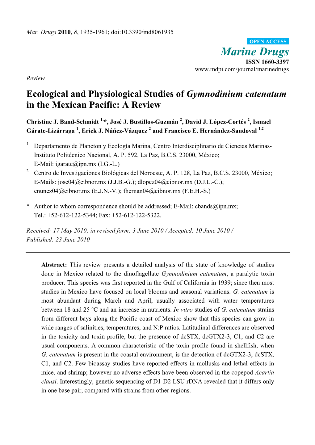 Ecological and Physiological Studies of Gymnodinium Catenatum in the Mexican Pacific: a Review