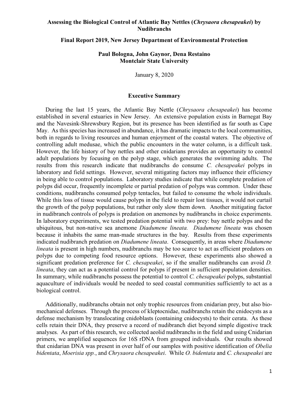 Assessing the Biological Control of Atlantic Bay Nettles by Nudibranchs