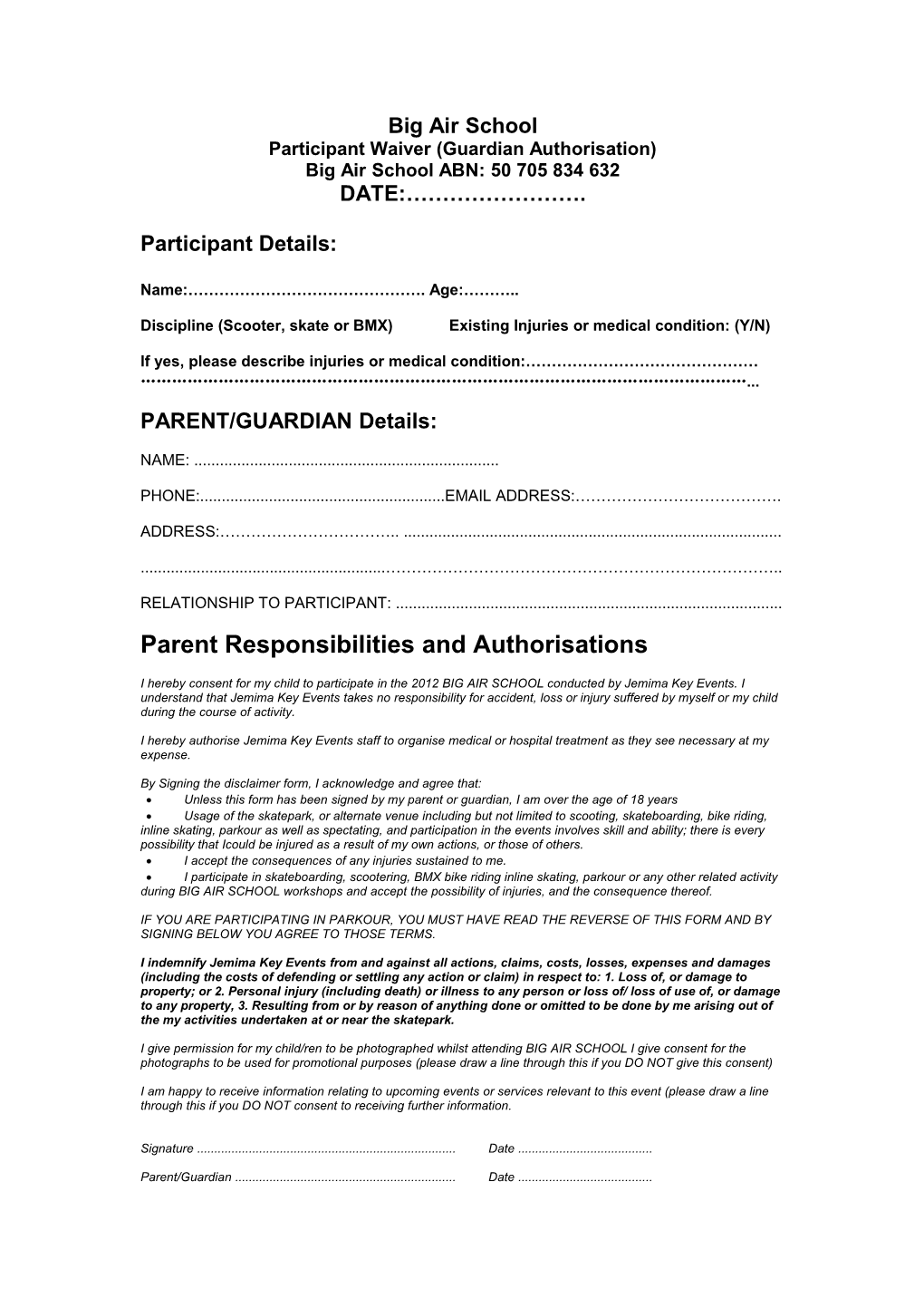 Participant Waiver (Guardian Authorisation)