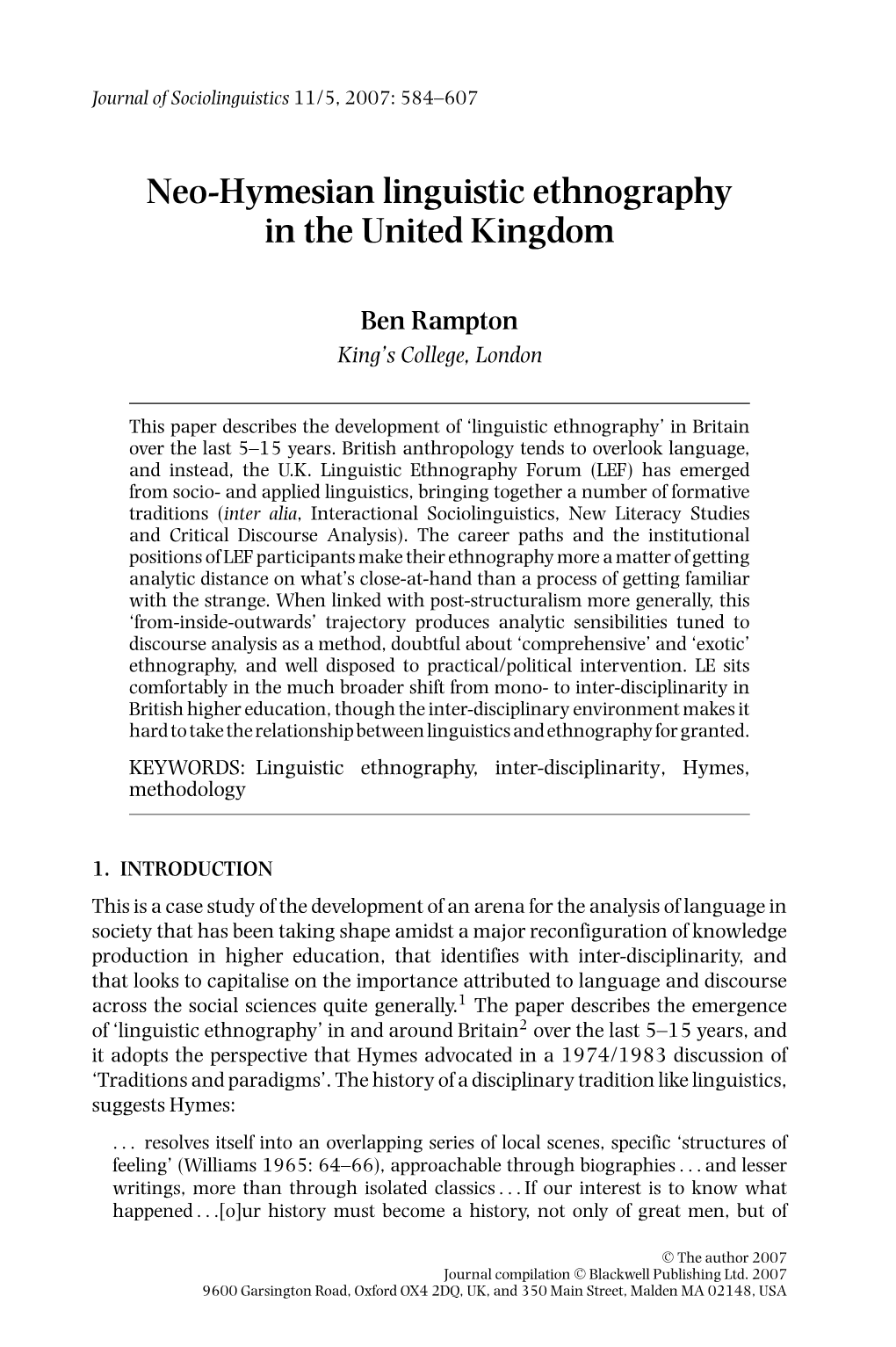 Neo-Hymesian Linguistic Ethnography in the United Kingdom