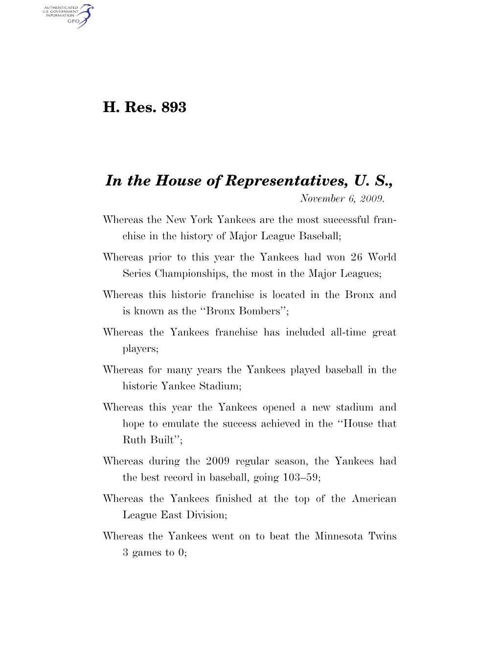 H. Res. 893 in the House of Representatives, U