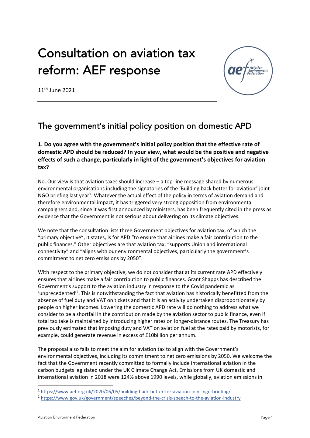 Consultation on Aviation Tax Reform: AEF Response