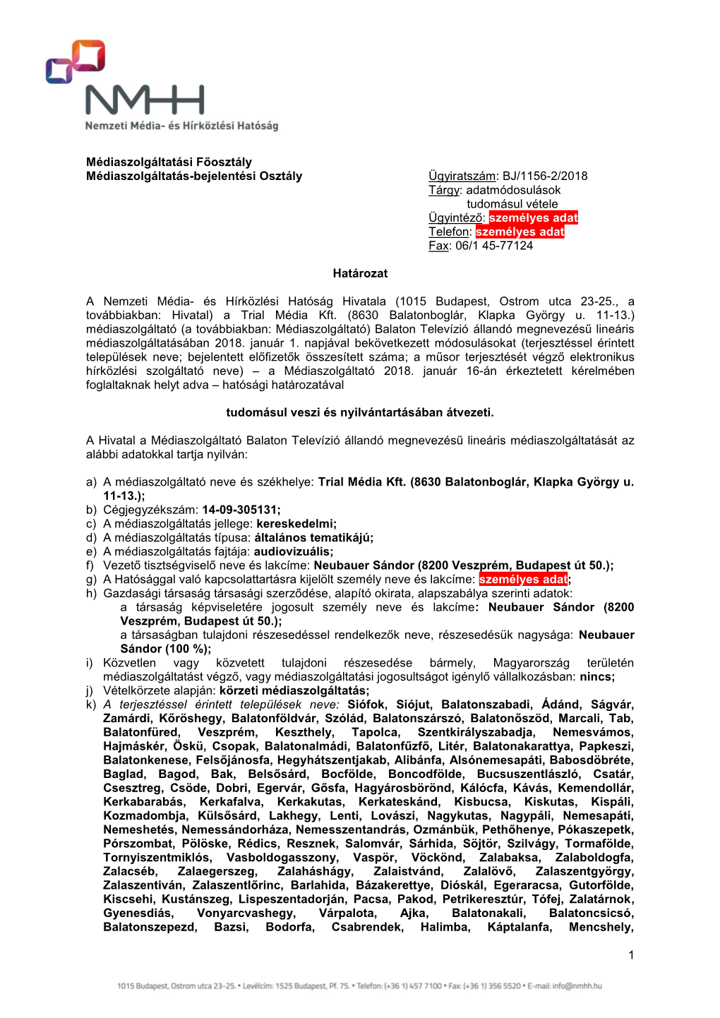 BJ/1156-2/2018 Tárgy: Adatmódosulások Tudomásul Vétele Ügyintéző: Személyes Adat Telefon: Személyes Adat Fax: 06/1 45-77124