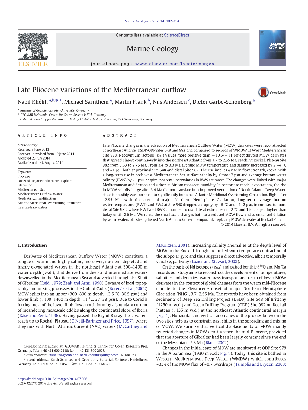 Late Pliocene Variations of the Mediterranean Outflow