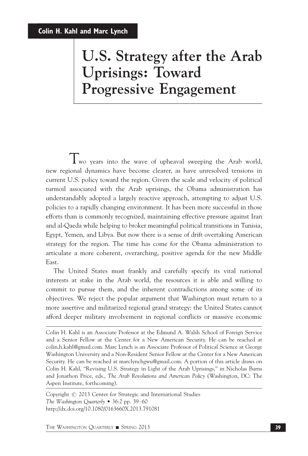 U.S. Strategy After the Arab Uprisings: Toward Progressive Engagement