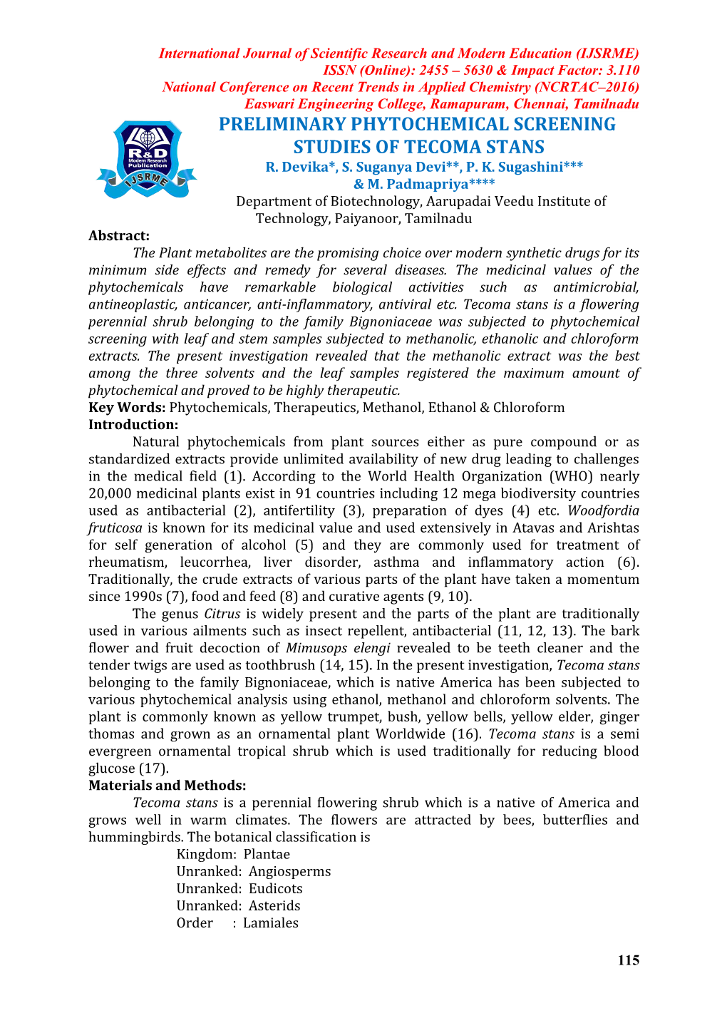 Preliminary Phytochemical Screening Studies of Tecoma Stans R