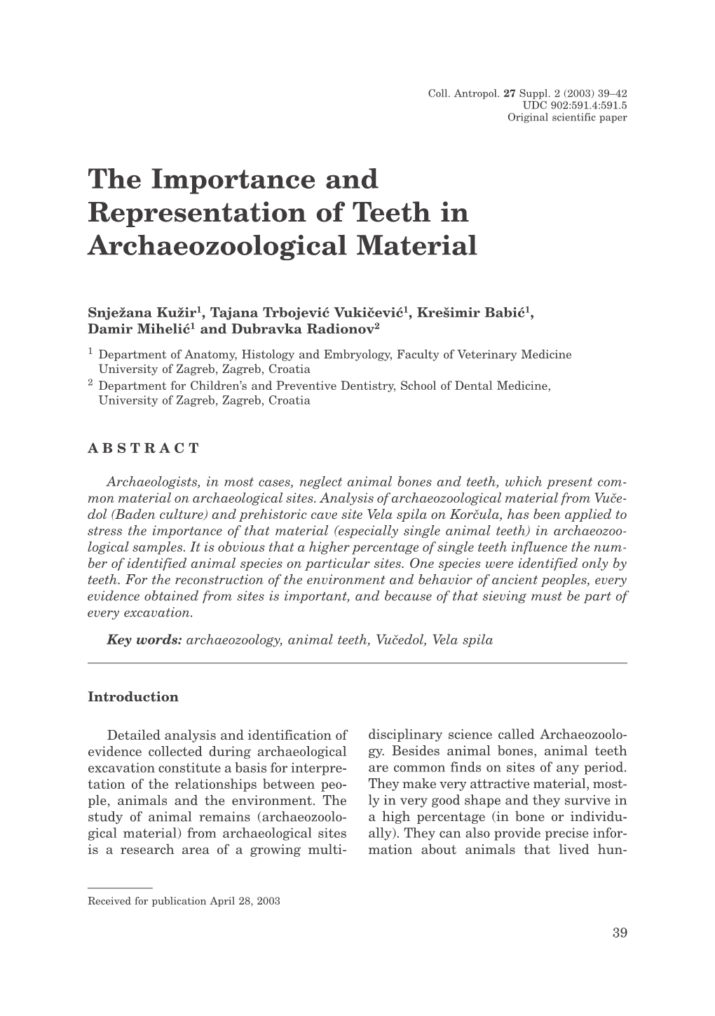 The Importance and Representation of Teeth in Archaeozoological Material