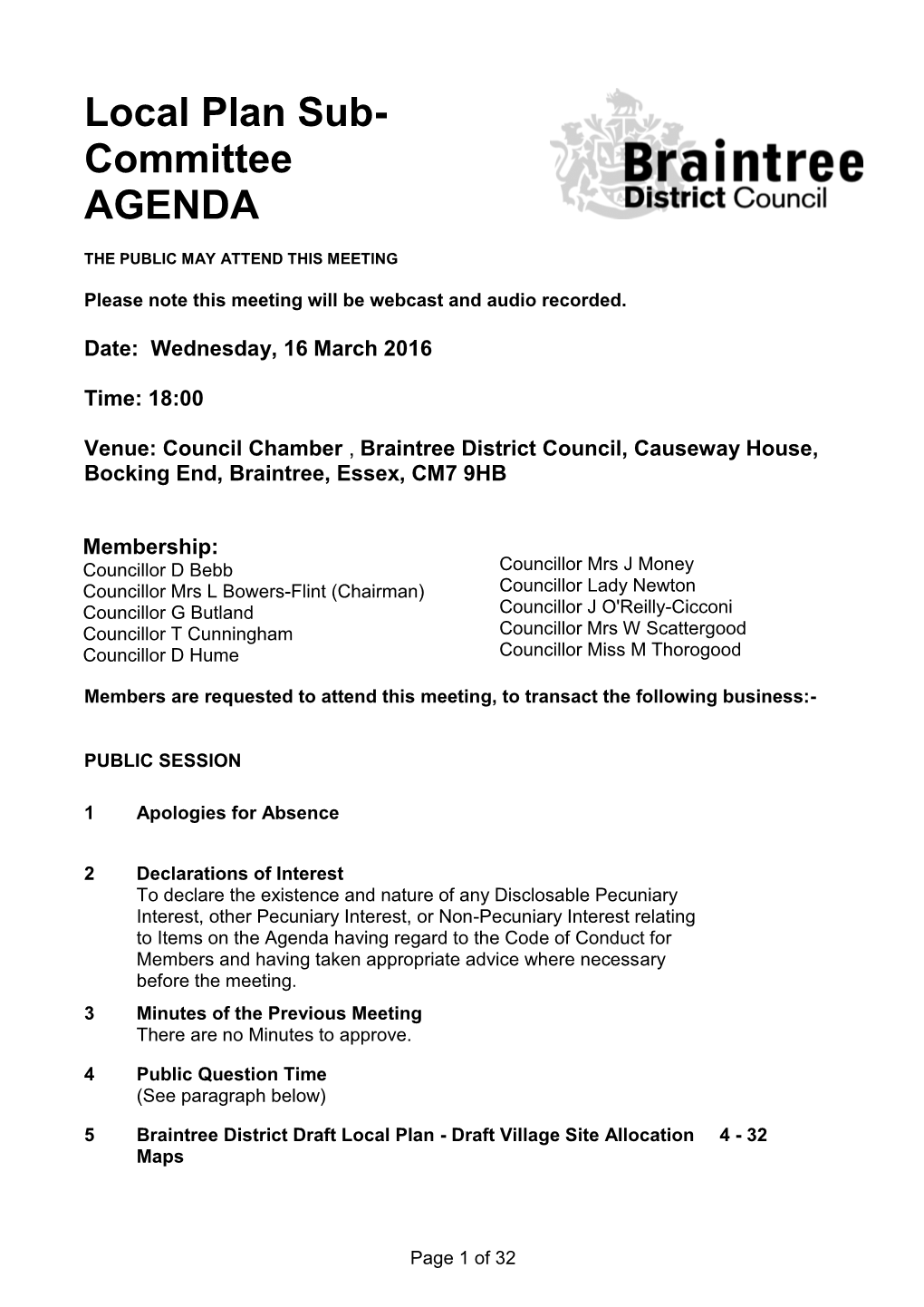 Local Plan Sub- Committee AGENDA