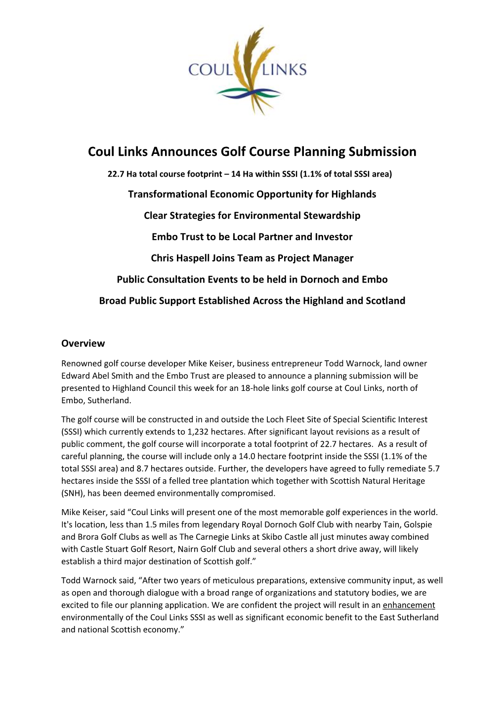 Coul Links Golf Press Release Final for Release