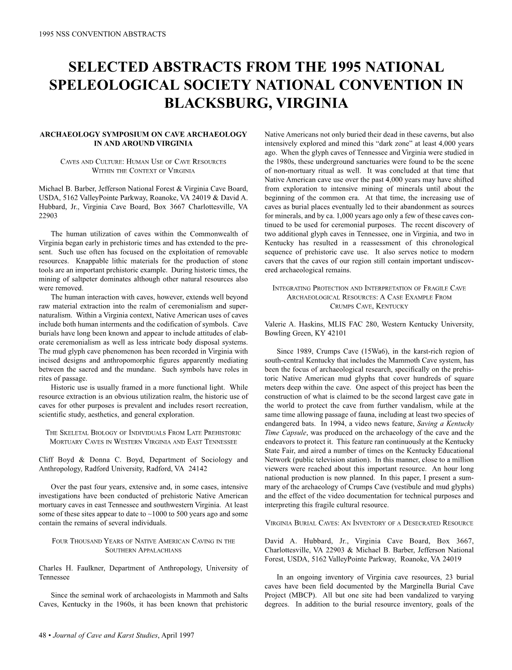 Selected Abstracts from the 1995 National Speleological Society National Convention in Blacksburg, Virginia