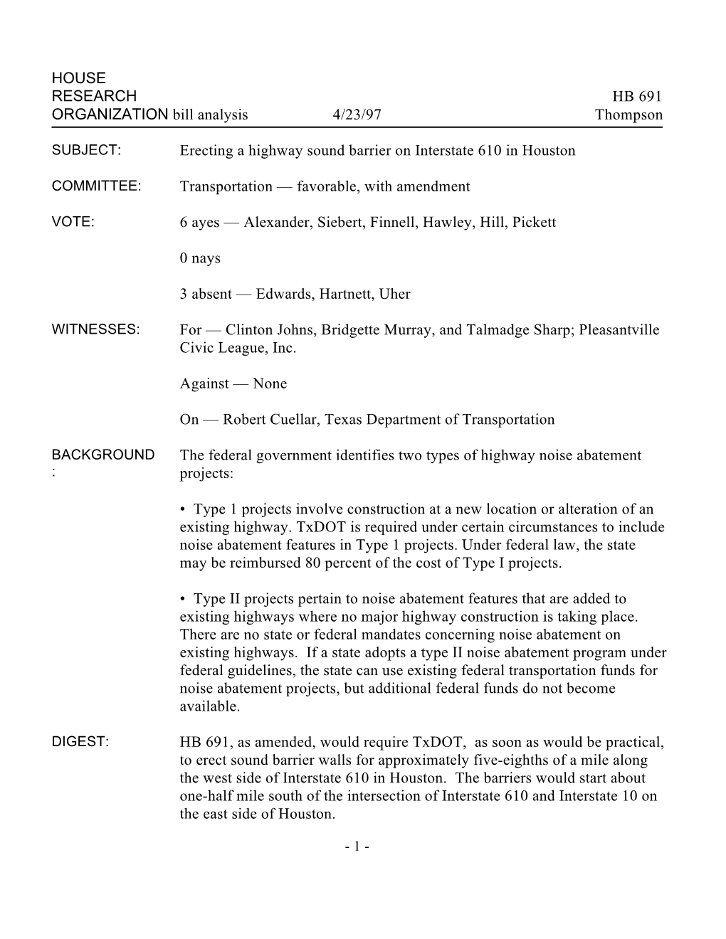 HOUSE RESEARCH HB 691 ORGANIZATION Bill Analysis 4/23/97 Thompson