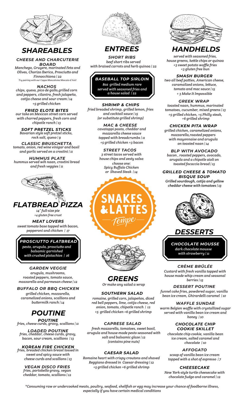 Shareables Poutine Desserts Greens Flatbread Pizza Entrees Handhelds