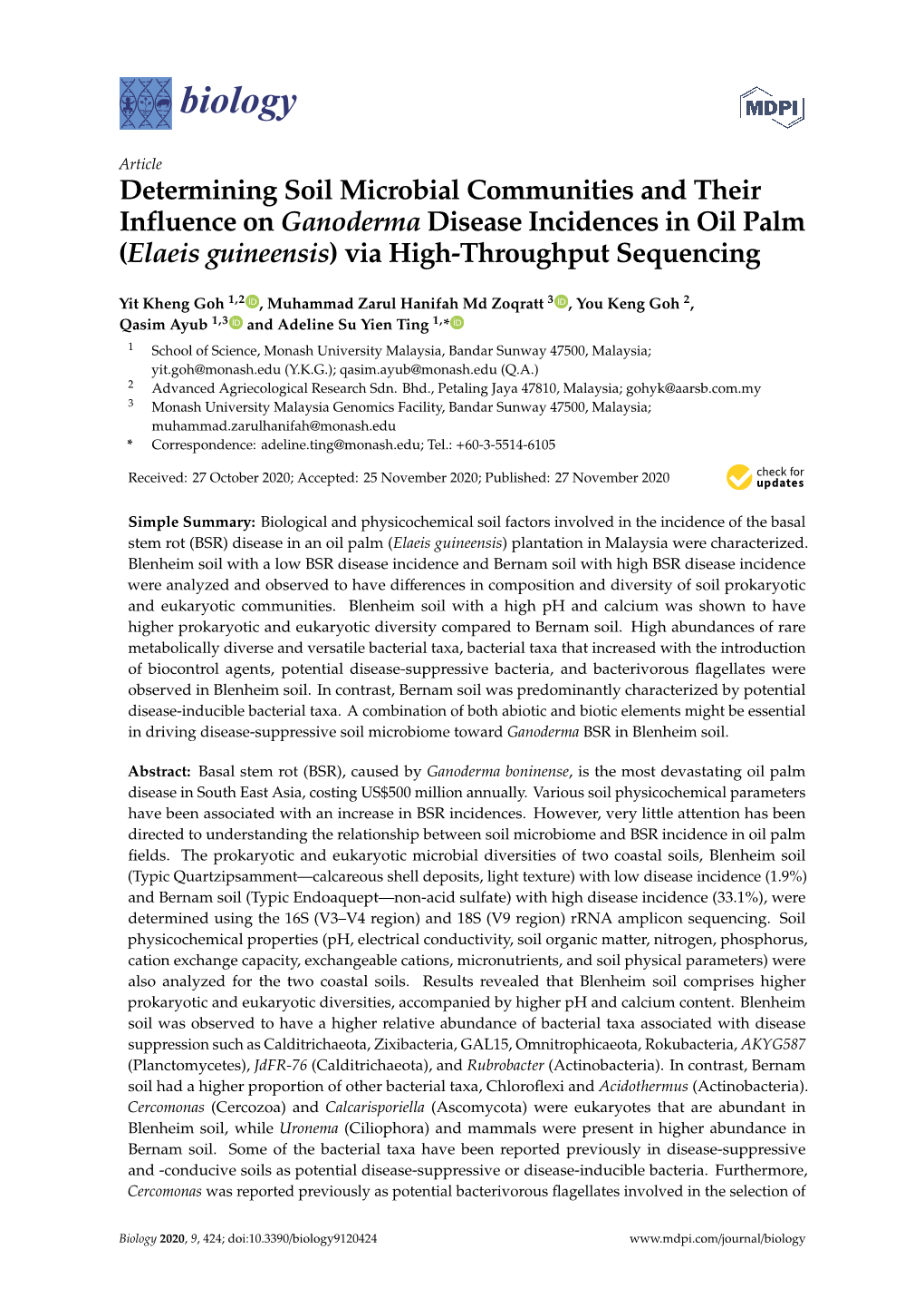 Determining Soil Microbial Communities and Their Influence on Ganoderma Disease Incidences in Oil Palm (Elaeis Guineensis) Via High-Throughput Sequencing