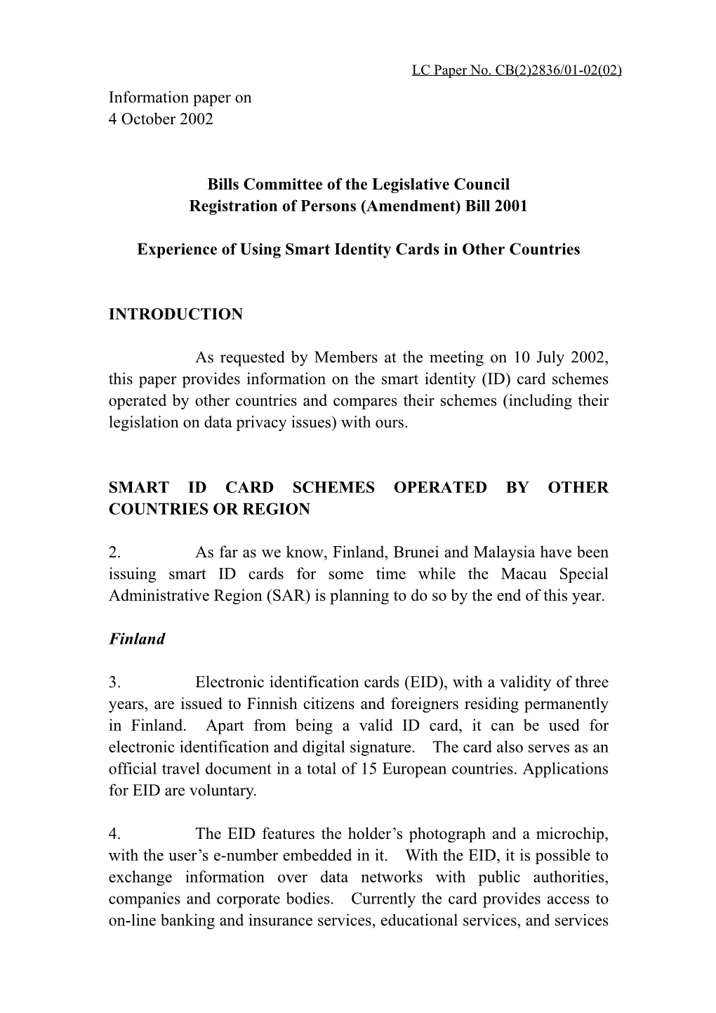 CB(2)2836/01-02(02) Information Paper on 4 October 2002