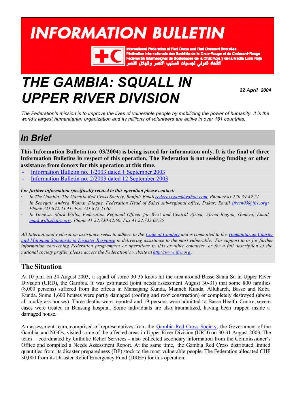 The Gambia: Squall in Upper River Division; Information Bulletin No