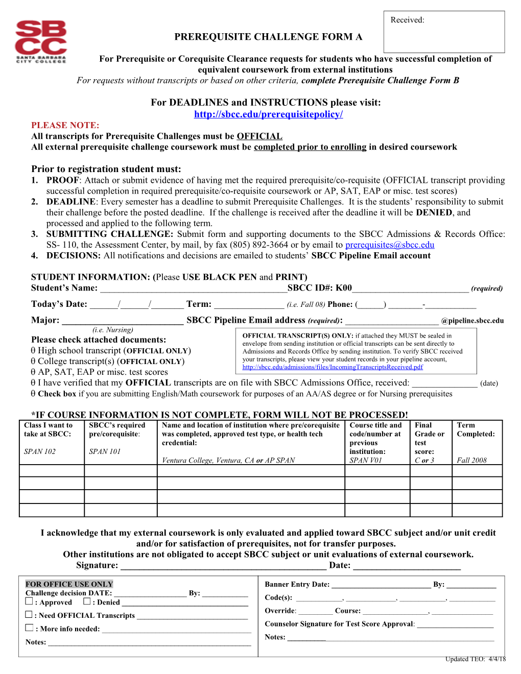 SBCC Prerequisite Verification Form