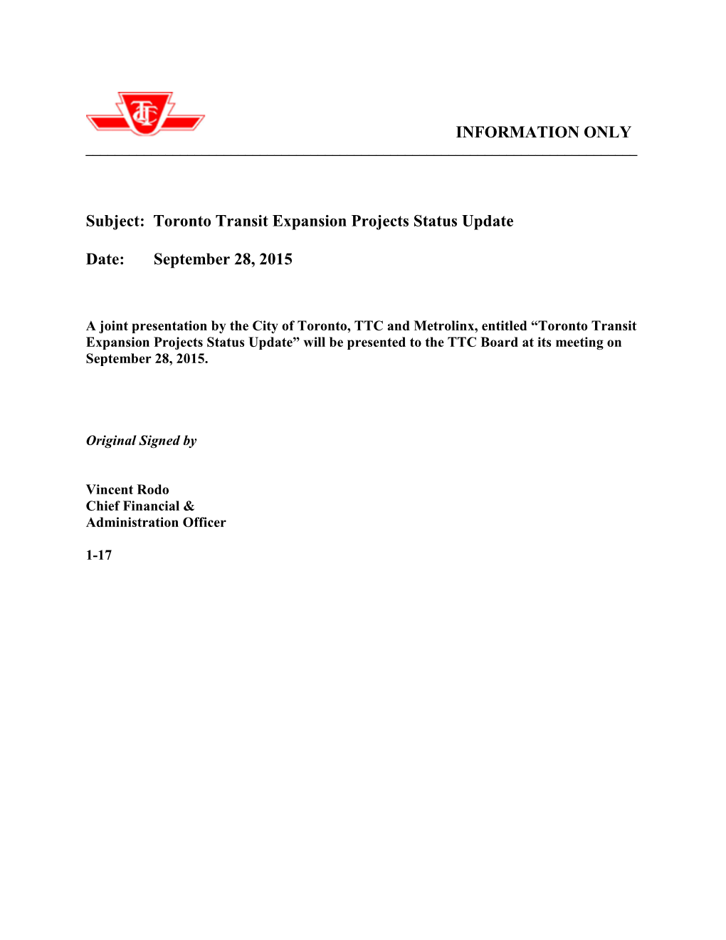 Toronto Transit Expansion Projects Status Update