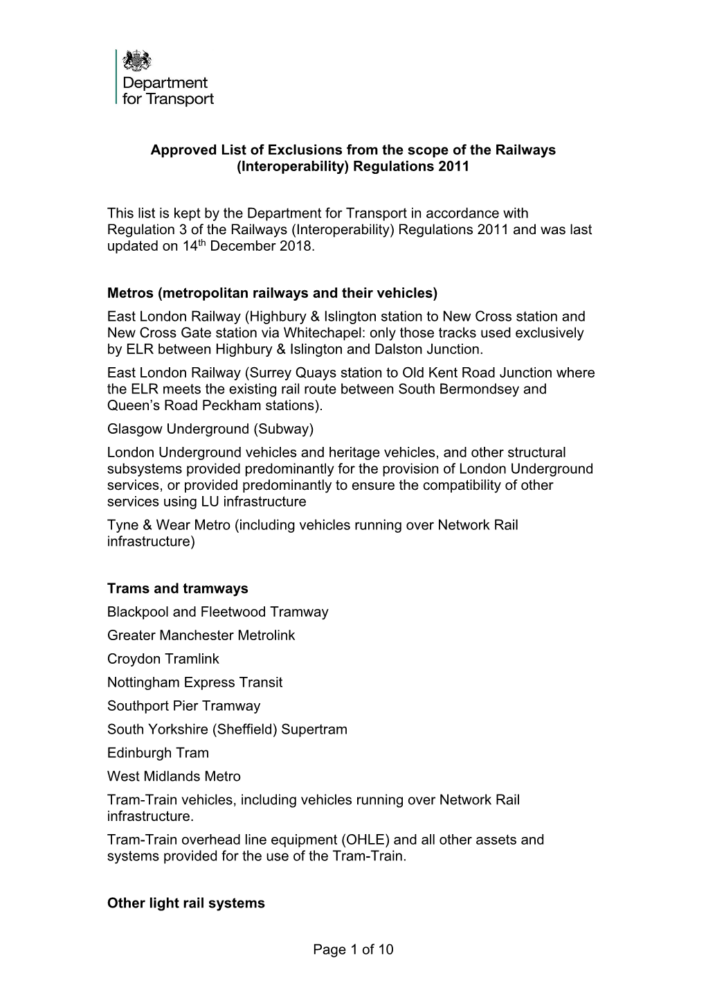 Approved List of Exclusions from the Scope of the Railways (Interoperability) Regulations 2011