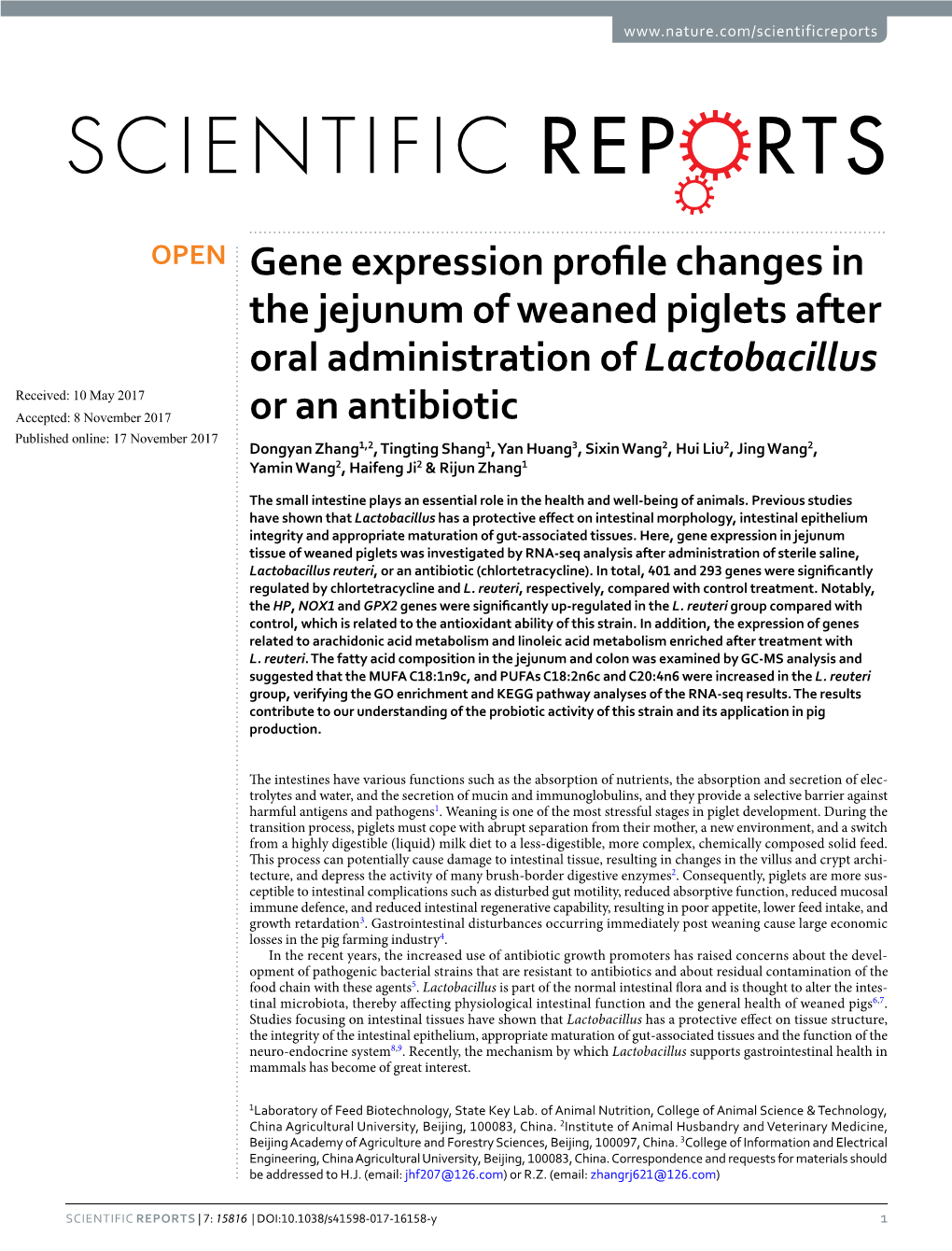 Gene Expression Profile Changes in the Jejunum of Weaned Piglets After