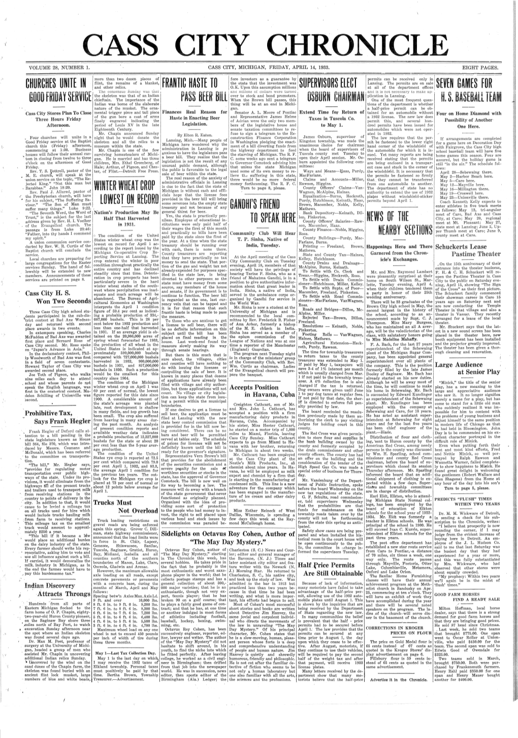 Cass City Chroni Cle Volume 28, Number 1] Cass City, Michigan, Friday, April 14, 1933