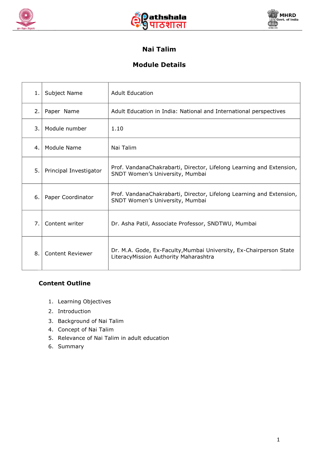 Nai Talim Module Details