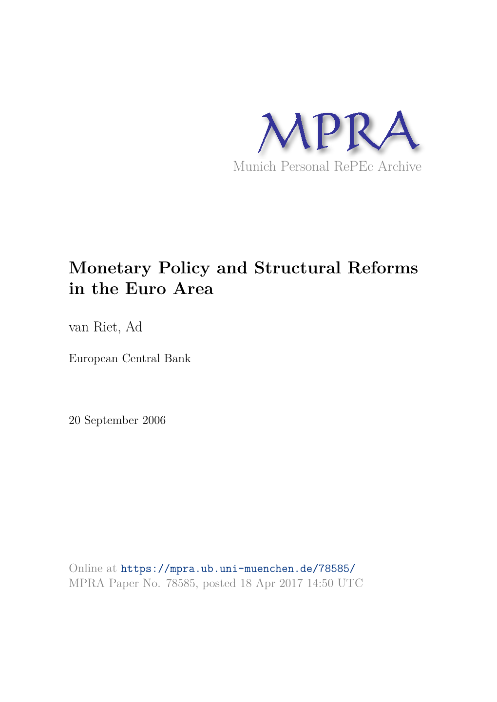 Structural Reforms in the Euro Area Van Riet, Ad