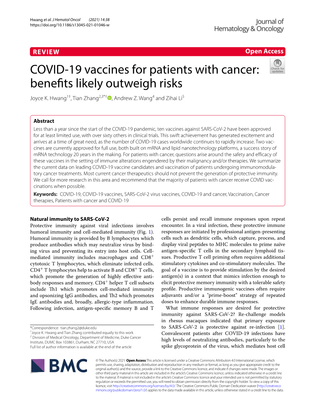 COVID-19 Vaccines for Patients with Cancer: Benefits Likely Outweigh Risks