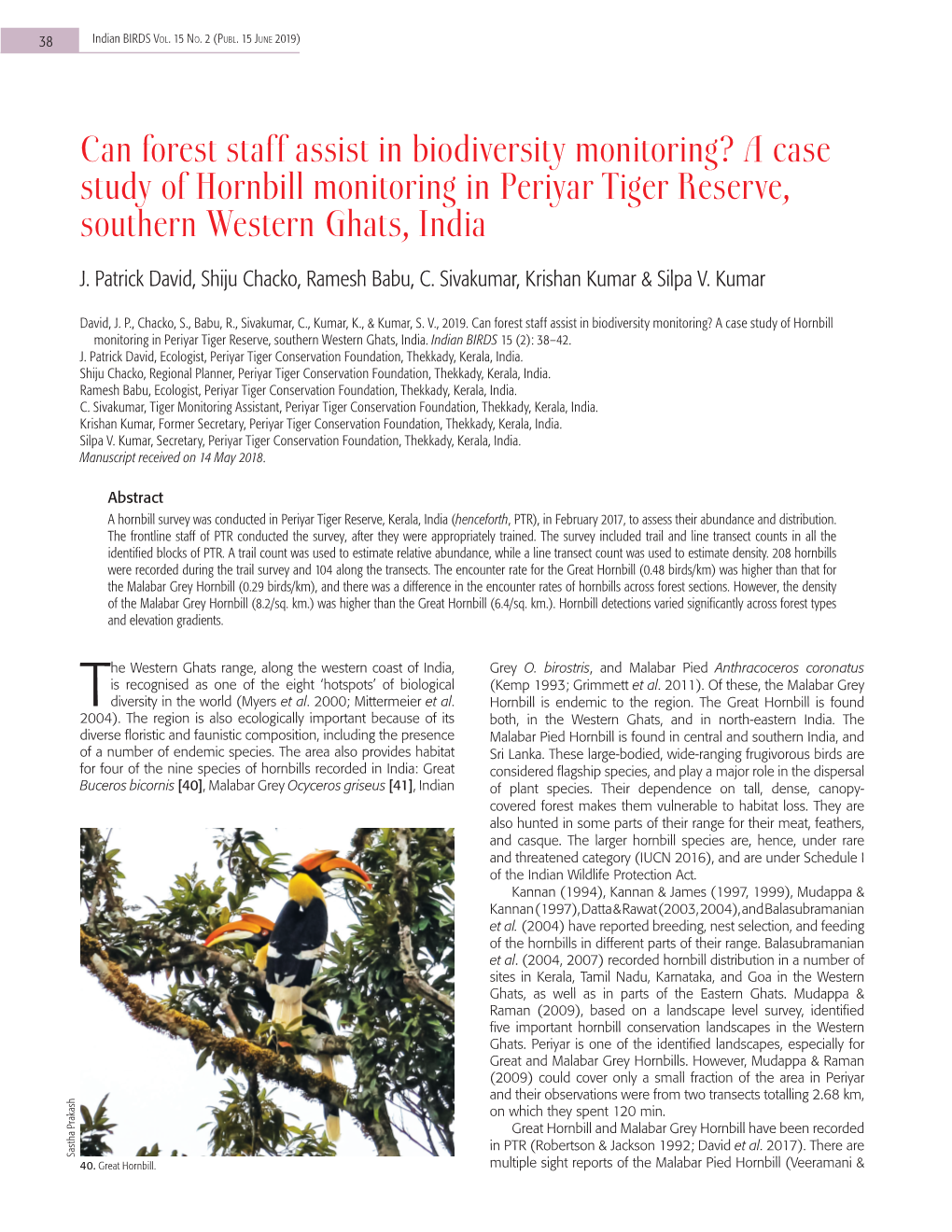 A Case Study of Hornbill Monitoring in Periyar Tiger Reserve, Southern Western Ghats, India