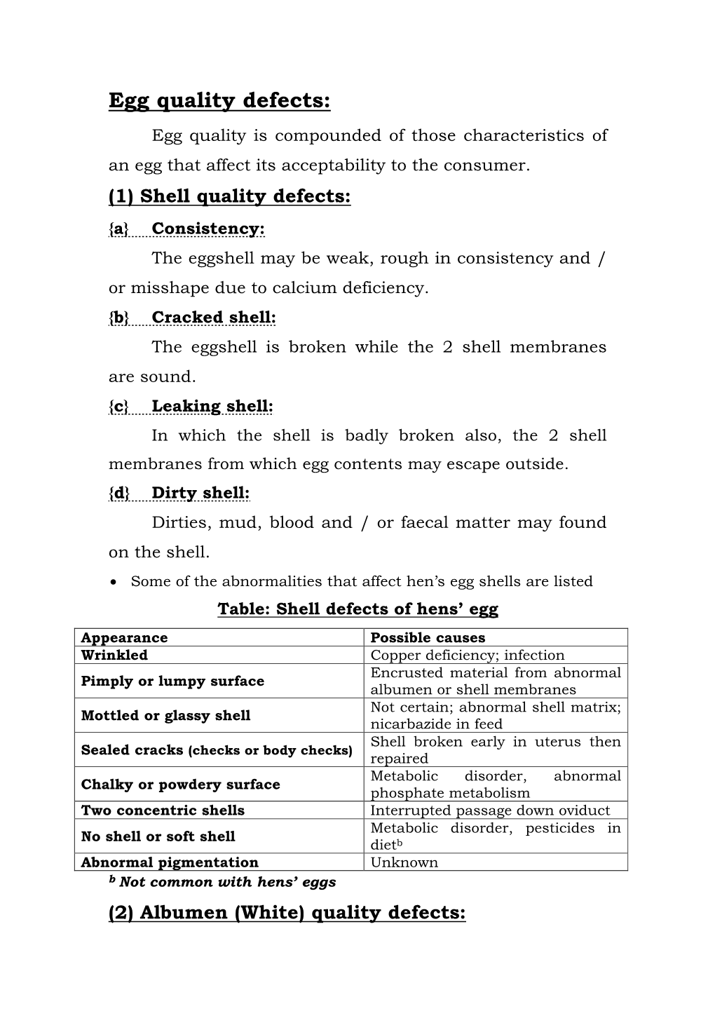 Egg Quality Defects: Egg Quality Is Compounded of Those Characteristics of an Egg That Affect Its Acceptability to the Consumer