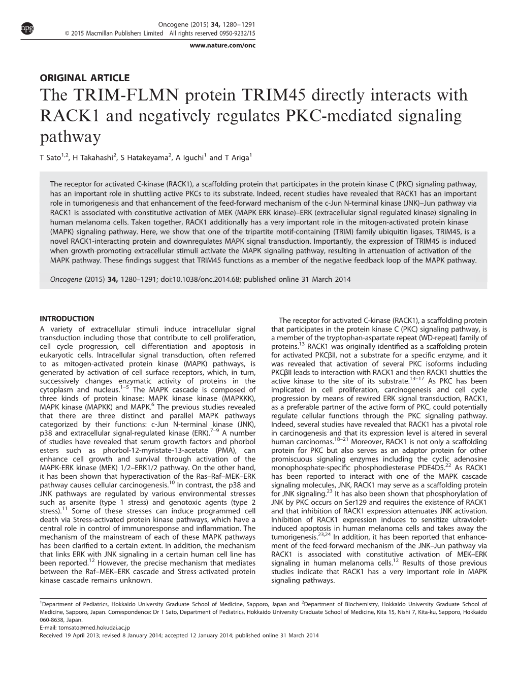 The TRIM-FLMN Protein TRIM45 Directly Interacts with RACK1 and Negatively Regulates PKC-Mediated Signaling Pathway