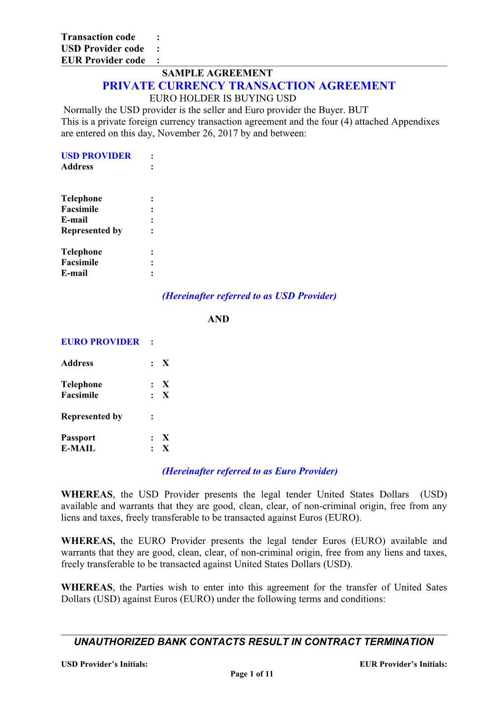 Private Currency Transaction Agreement