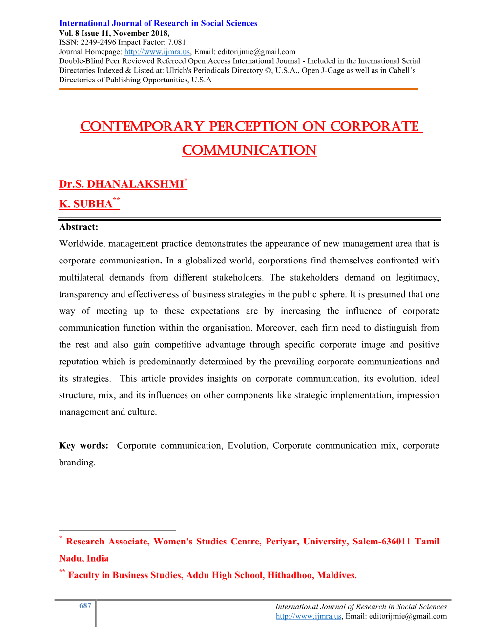 Contemporary Perception on Corporate Communication