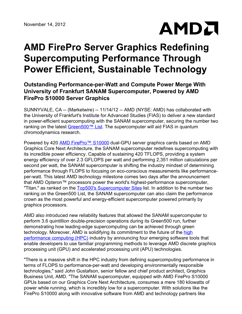 AMD Firepro Server Graphics Redefining Supercomputing Performance Through Power Efficient, Sustainable Technology