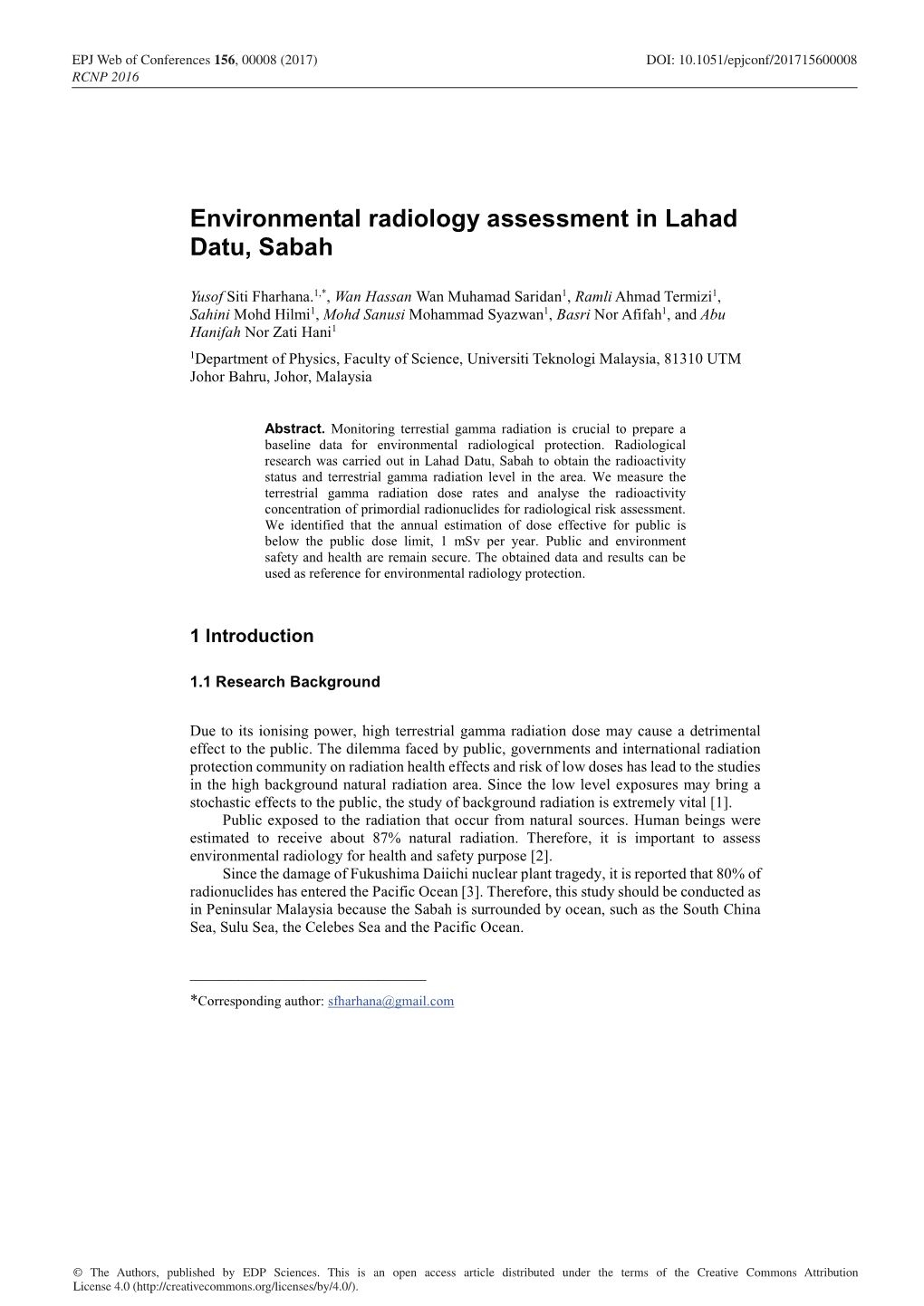 Environmental Radiology Assessment in Lahad Datu, Sabah