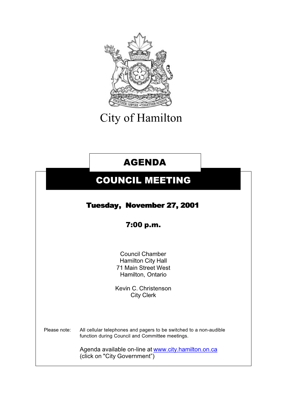 Council Agenda for November 27, 2001