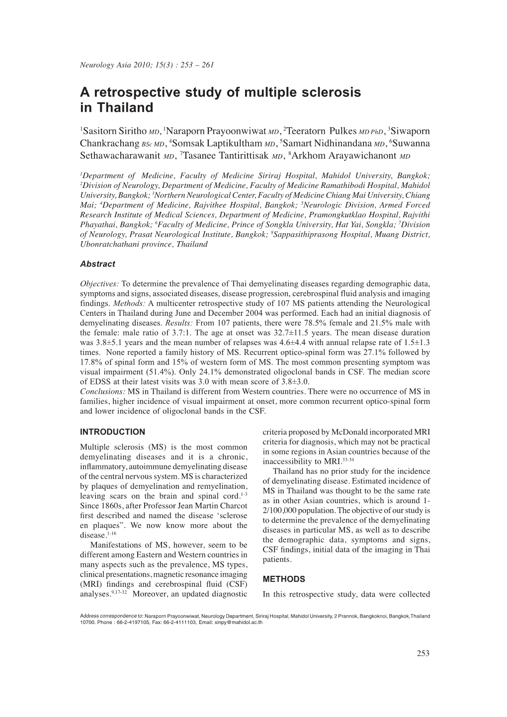 A Retrospective Study of Multiple Sclerosis in Thailand