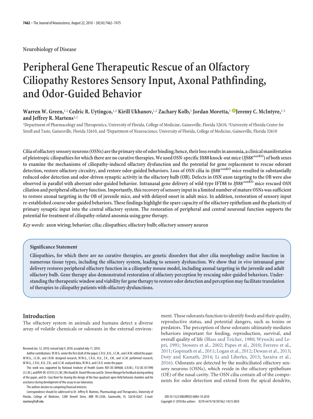 Peripheral Gene Therapeutic Rescue of an Olfactory Ciliopathy Restores Sensory Input, Axonal Pathfinding, and Odor-Guided Behavior