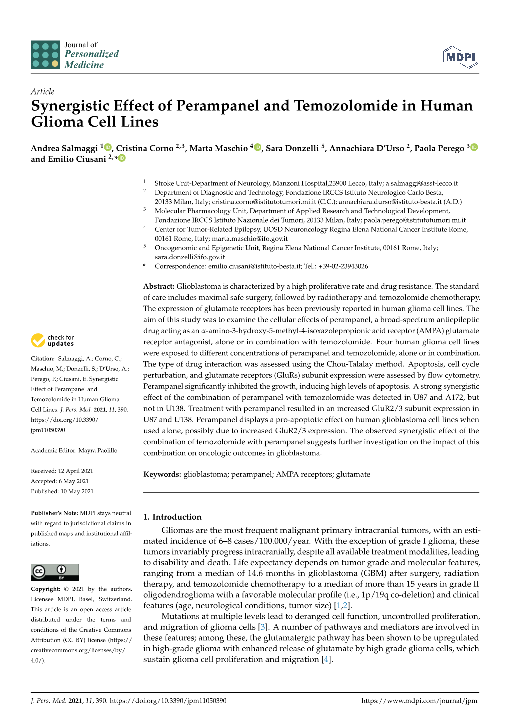 Synergistic Effect of Perampanel and Temozolomide in Human Glioma Cell Lines