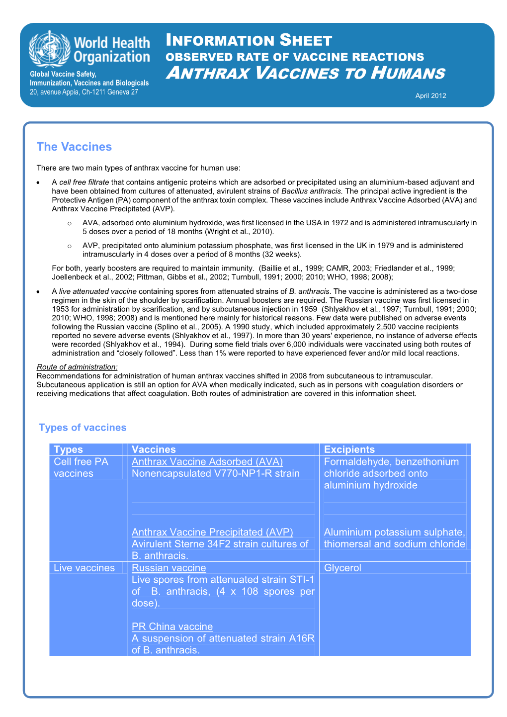 Information Sheet Observed Rate of Vaccine Reactions