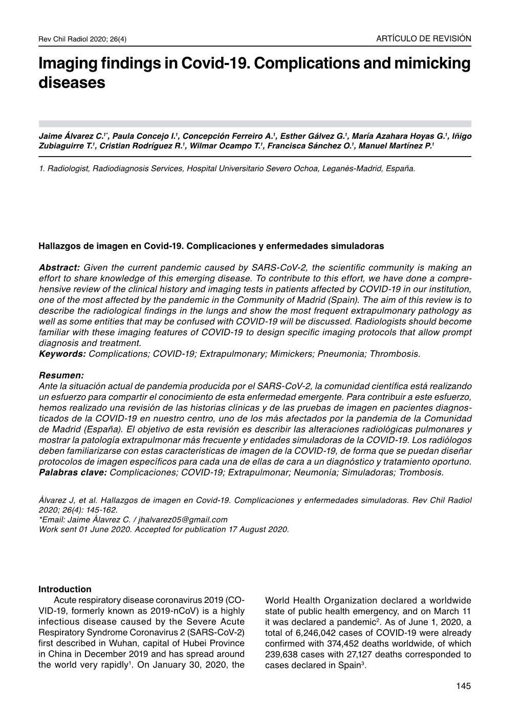 Imaging Findings in Covid-19. Complications and Mimicking Diseases