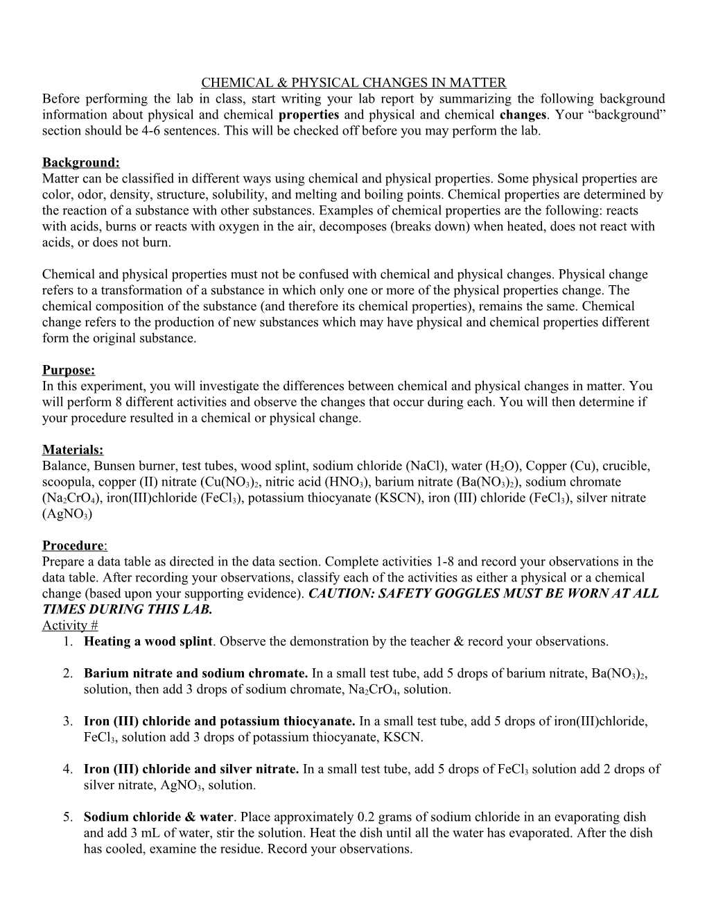 Lab Investigation: Chemical & Physical Changes in Matter