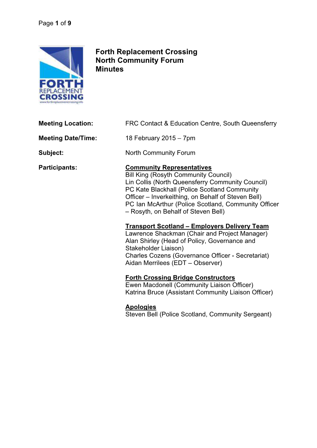 Forth Replacement Crossing North Community Forum Minutes