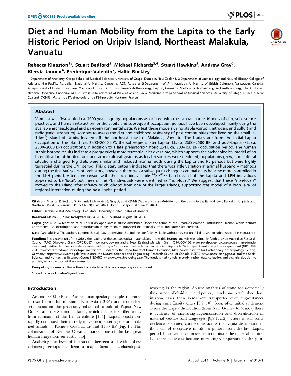 Diet and Human Mobility from the Lapita to the Early Historic Period on Uripiv Island, Northeast Malakula, Vanuatu