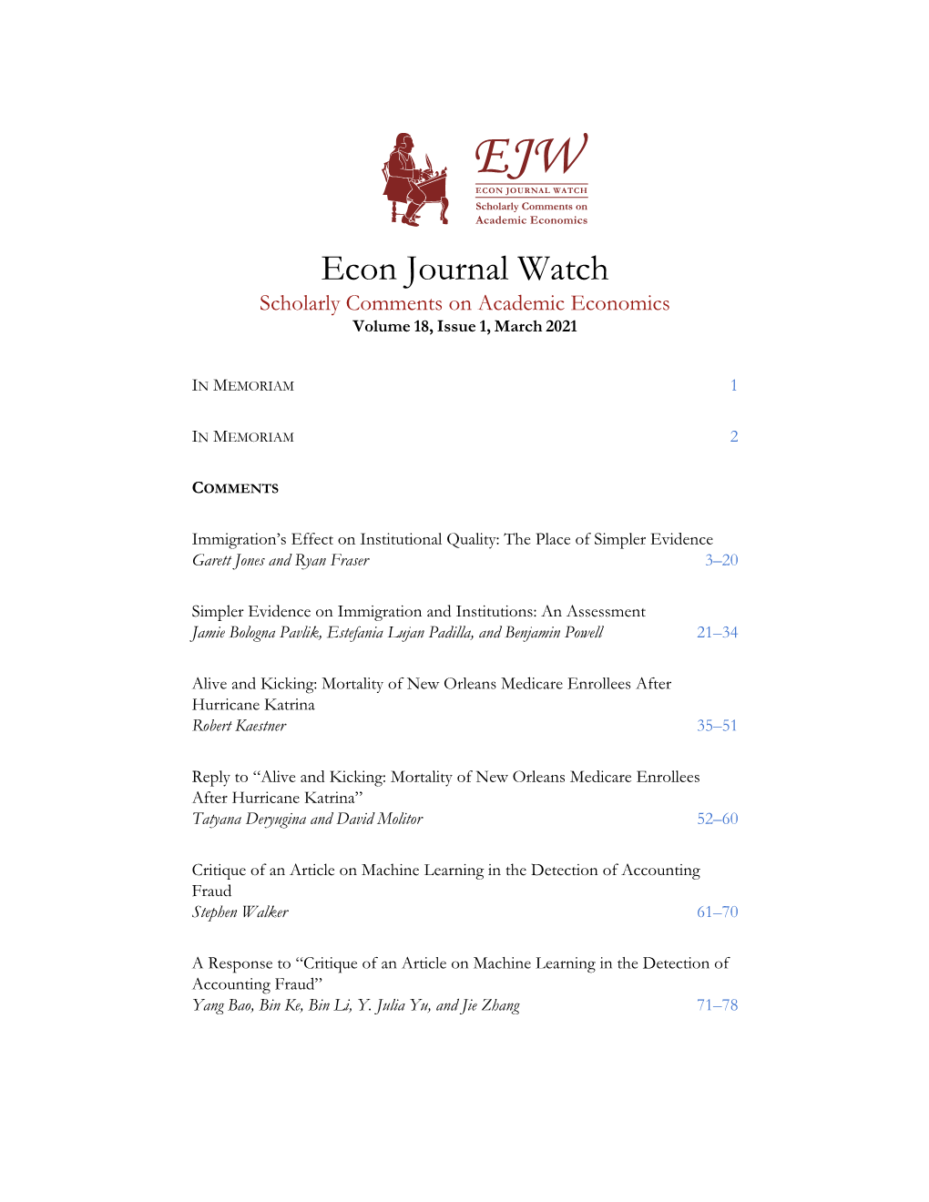 Econ Journal Watch 18(1), March 2021