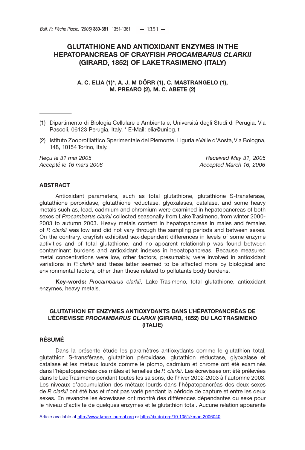 Glutathione and Antioxidant Enzymes in the Hepatopancreas of Crayfish Procambarus Clarkii \(Girard, 1852\) of Lake Trasimeno